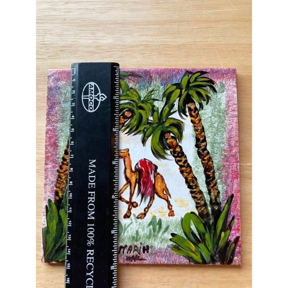 Hand painted art tile Palm trees with Camel- signed by artist. - Picture 2 of 3